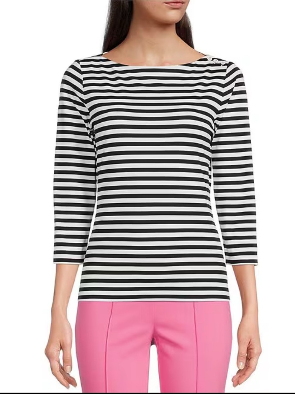 J. McLaughlin Wavesong Striped Boat Neck Top Button Shoulder Large 3/4 Sleeve